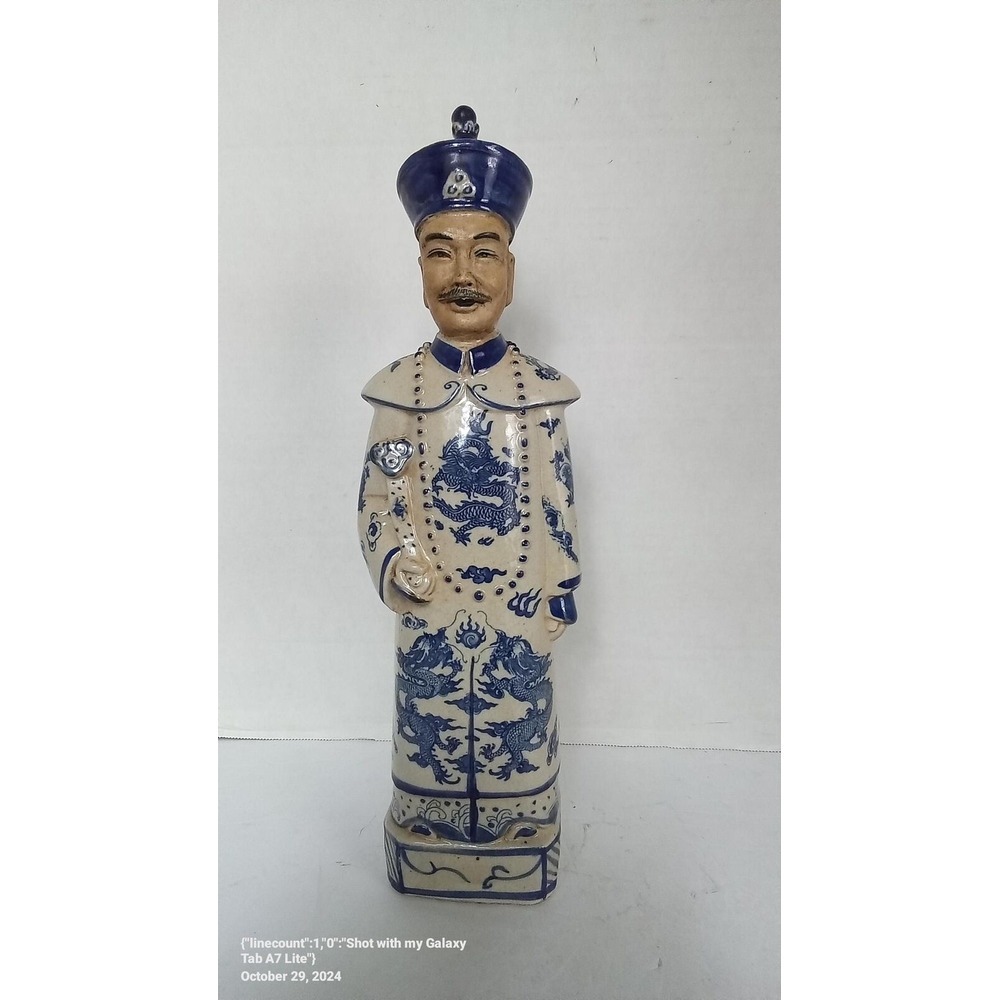 Vintage Chinese Figurine Blue & White Porcelain Emperor‎ Statue Decor